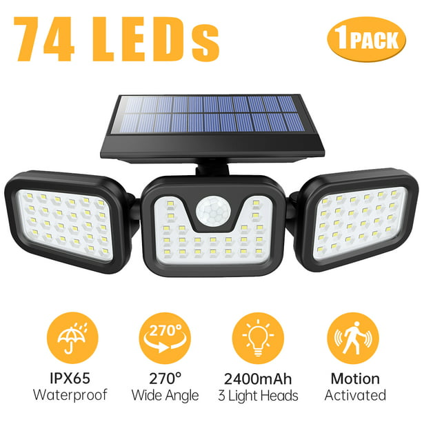 Solar Lights Outdoor Indoor LED Solar Motion Sensor Lights 3 Adjustable Heads 270° Wide Angle Security Flood Light IP65 Waterproof Solar Powered Wall Lights with Remote Control & 16.5 ft Cables 